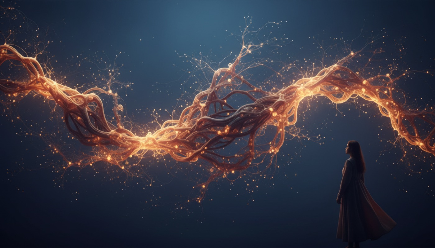 An abstract visual representation of the complex gut-brain axis, showing interconnected neural and microbial pathways that influence circadian rhythm and sleep quality.