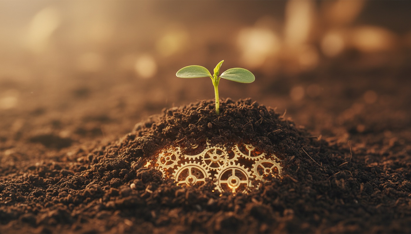 A small seed sprouting through soil, with subtle clock gears beneath, illustrating the natural process of resetting the gut microbiome and its impact on circadian rhythm and sleep.