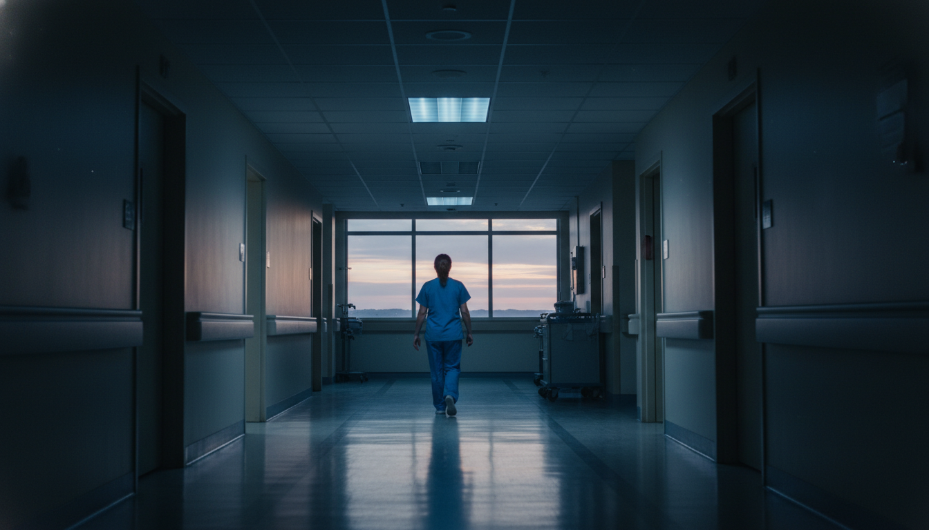 A lone healthcare worker in scrubs walks down a long, dimly lit hospital corridor towards a window at dawn, representing the quiet transition and exhaustion of unwiring the brain after a night shift.
