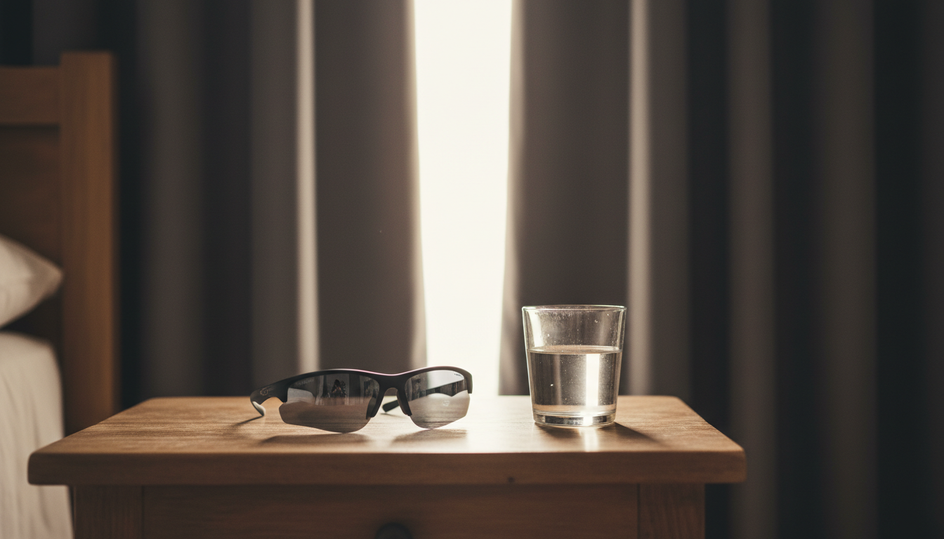 Dark wrap-around sunglasses and a glass of water on a bedside table, with blackout curtains in the background, illustrating crucial light management for sleep after a night shift.