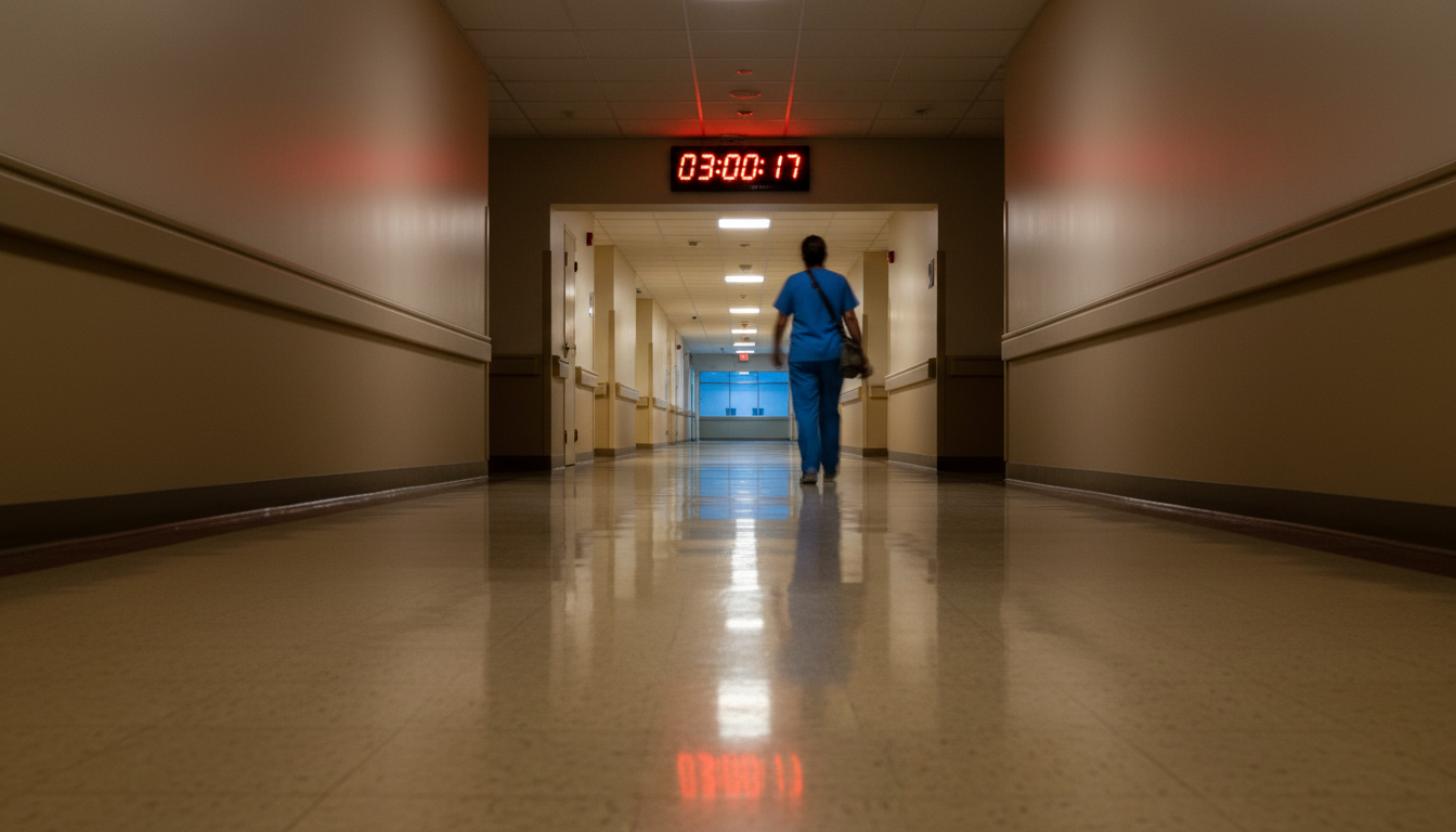 A blurry image of an EMT's uniform reflecting the glowing numbers of a digital clock, symbolizing the challenge of irregular schedules for shift work insomnia.