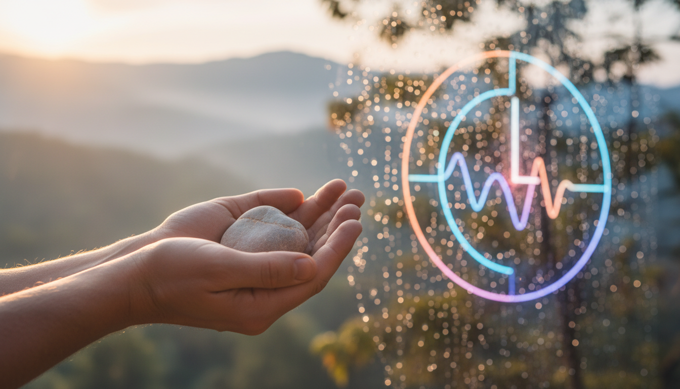 Hands gently holding a smooth river stone in soft morning light, representing mindful self-regulation and pacing for Long COVID unrefreshing sleep.