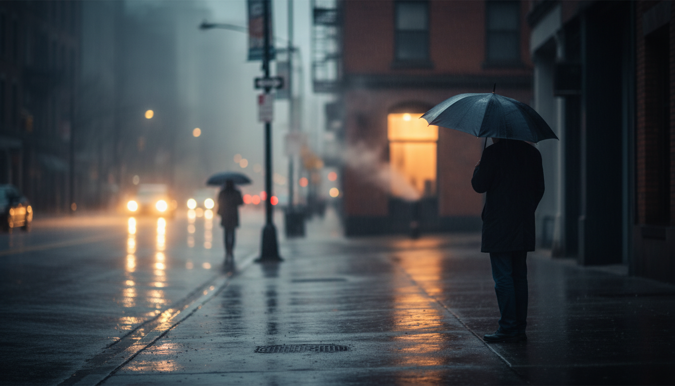Abstract cityscape at 3 AM with rain-slicked streets and a distant warm light, symbolizing persistent pregnancy sleep disruptions.