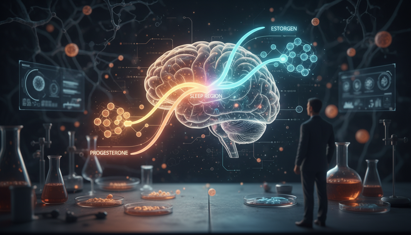 Stylized scientific diagram showing glowing hormonal pathways in the brain, illustrating how pregnancy hormones affect sleep architecture and vivid dreams.