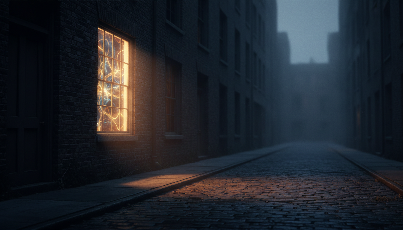 A single window glows in a dark city block at 3 AM, symbolizing the restless neurodivergent mind struggling with ADHD and autism sleep problems.