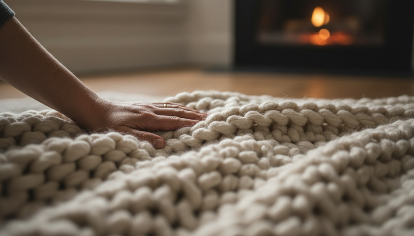 A hand gently presses into a textured weighted blanket, illustrating sensory-friendly comfort for neurodivergent sleep challenges in ADHD and autism.