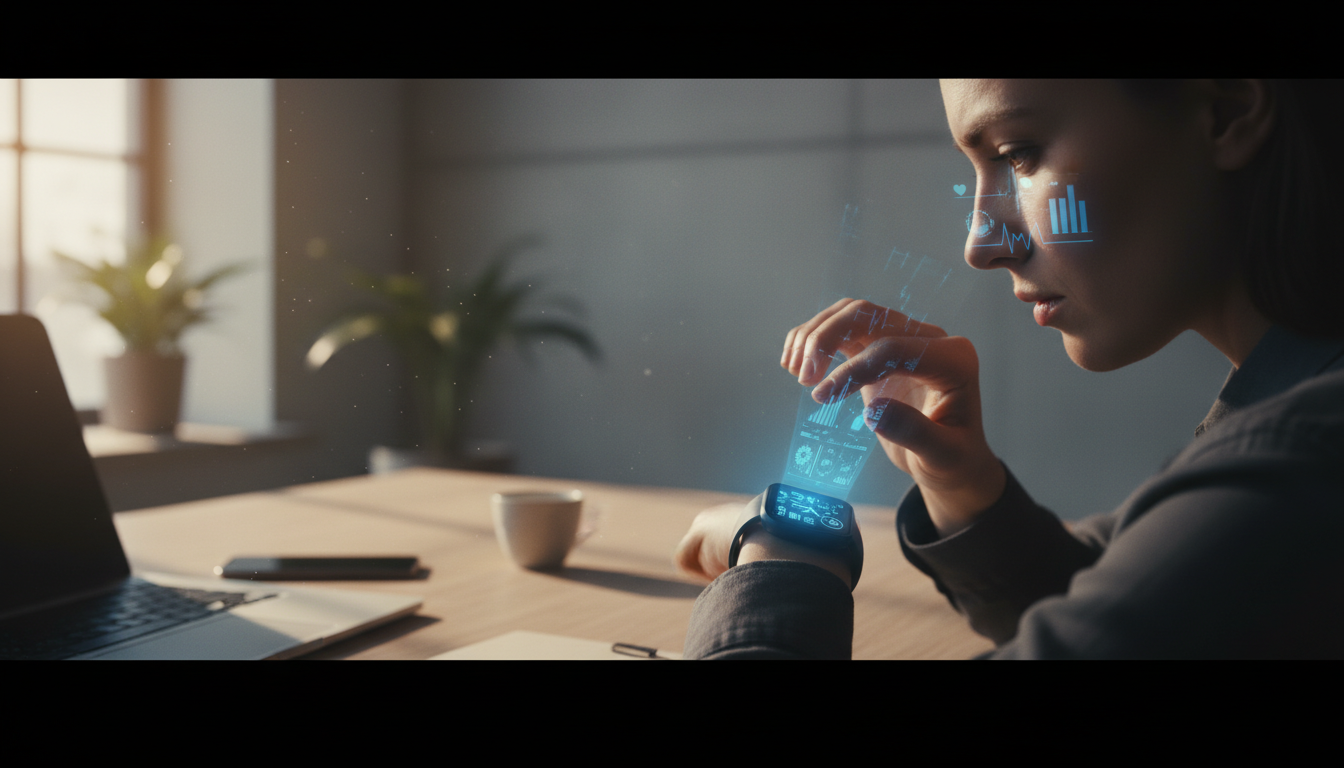 A person's hand hovers over a glowing smartwatch display in a dark room, reflecting data obsession and sleep tracker anxiety.