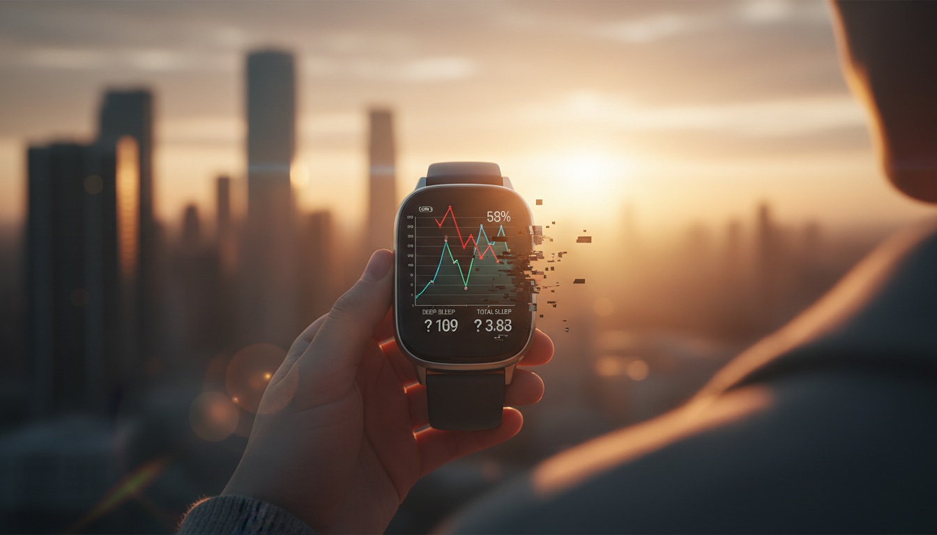 Fragmented sleep data on a wearable device screen, illustrating misinterpretation and the stress of sleep tracker anxiety.