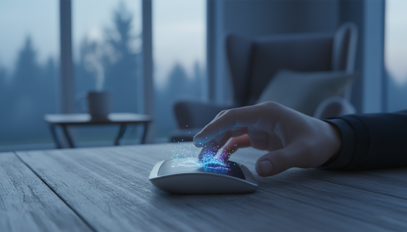 A hand holding a sleep tracker showing abstract data against a soft, dawn-lit background, symbolizing critical interpretation of wearable sleep data without anxiety.