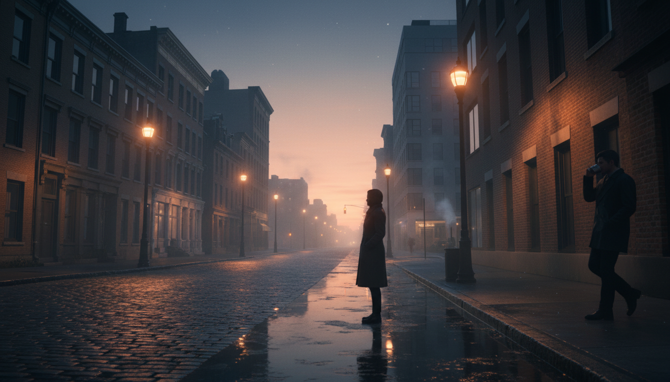 City street at dawn, lights reflecting on wet pavement, symbolizing the subtle impact of medication on daily sleep and fatigue.