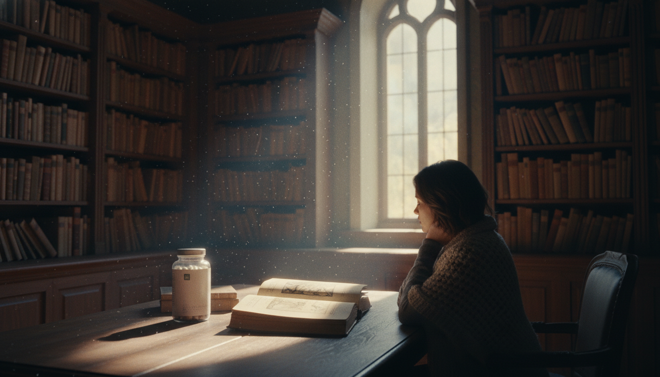 A modern supplement bottle sits on an old wooden desk next to an open, worn book in a dimly lit ancient library, symbolizing the blend of historical knowledge and new natural sleep aids like Magnesium L-Threonate, L-Theanine, and Apigenin.