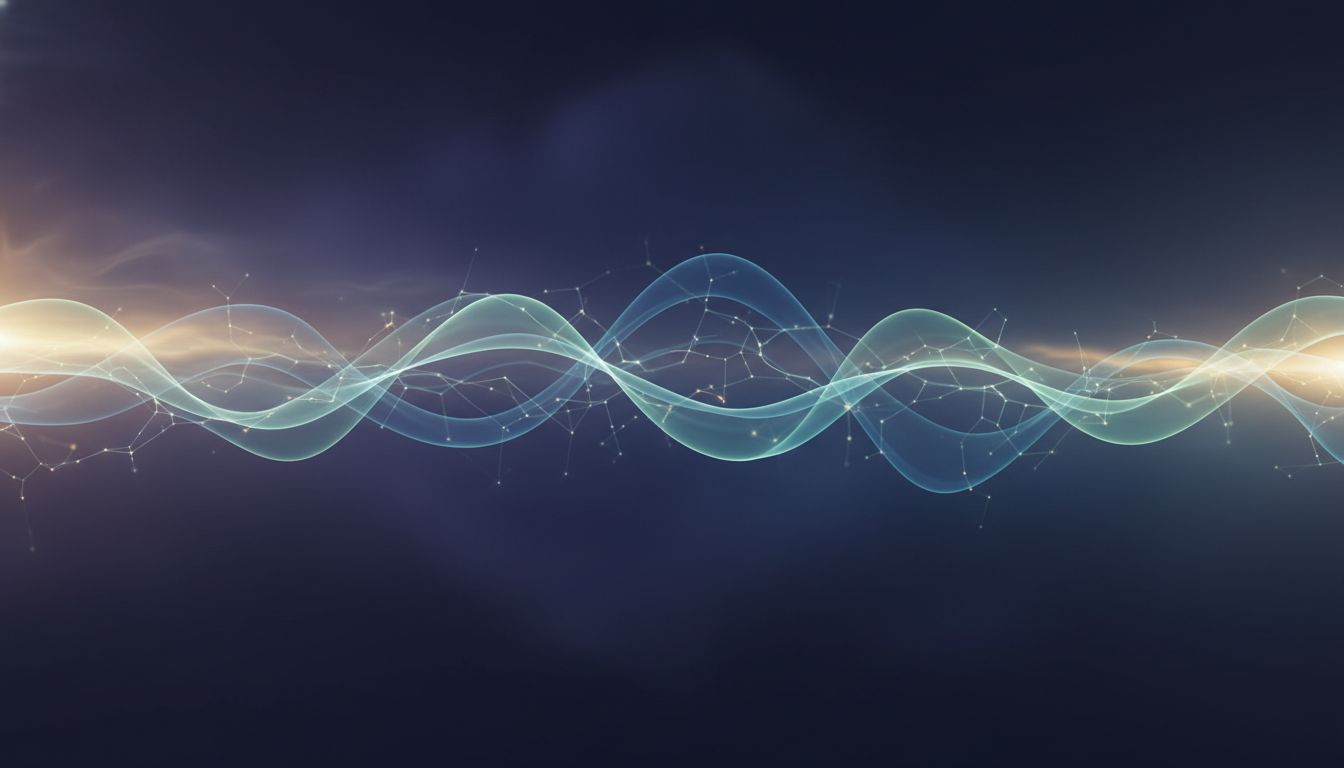 An abstract art piece showing gentle, undulating cool-toned light patterns, representing alpha brain waves, against a dark background, illustrating the calming effect of natural sleep aids such as L-Theanine.