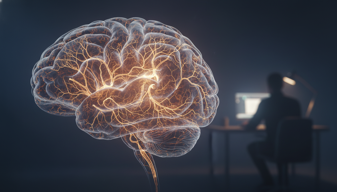 Artistic rendering of the brain's glymphatic system, showing fluid pathways for waste clearance during sleep, crucial for mental clarity.