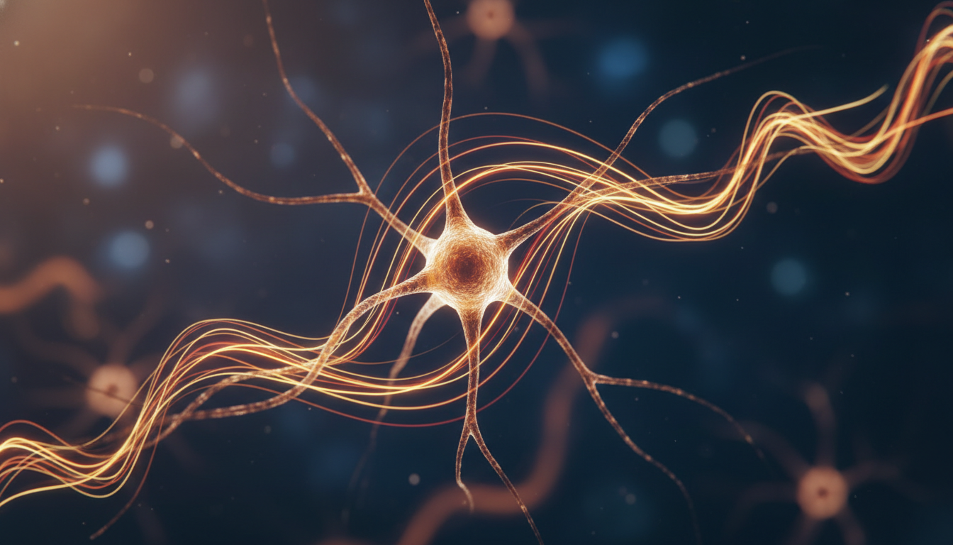 Macro view of a neuron with light trails, symbolizing the brain's electrical pulses crucial for the glymphatic system's deep cleaning.