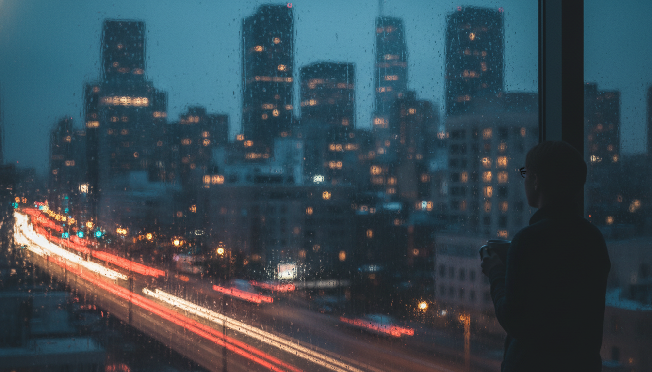 City skyline at blue hour through a textured window, symbolizing the pervasive, hidden impact of urban noise on sleep quality and constant fatigue.