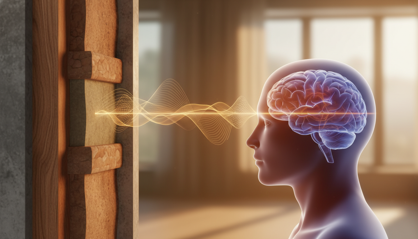 Abstract illustration of low-frequency sound waves silently penetrating a building wall and affecting a human brain outline, depicting the hidden impact of noise on sleep.