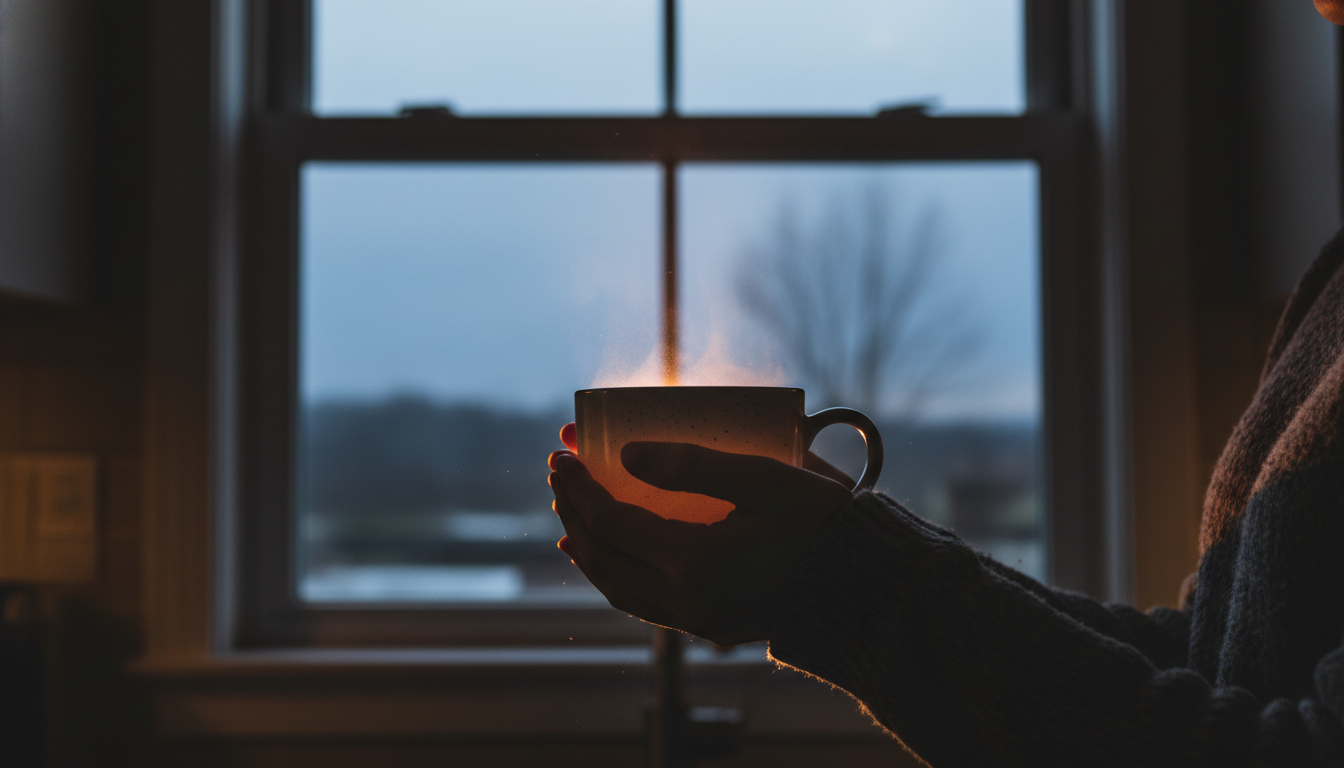A hand holding a warm mug in a dimly lit kitchen at pre-dawn, representing the struggle to find wide awake at 3 am perimenopause solutions.