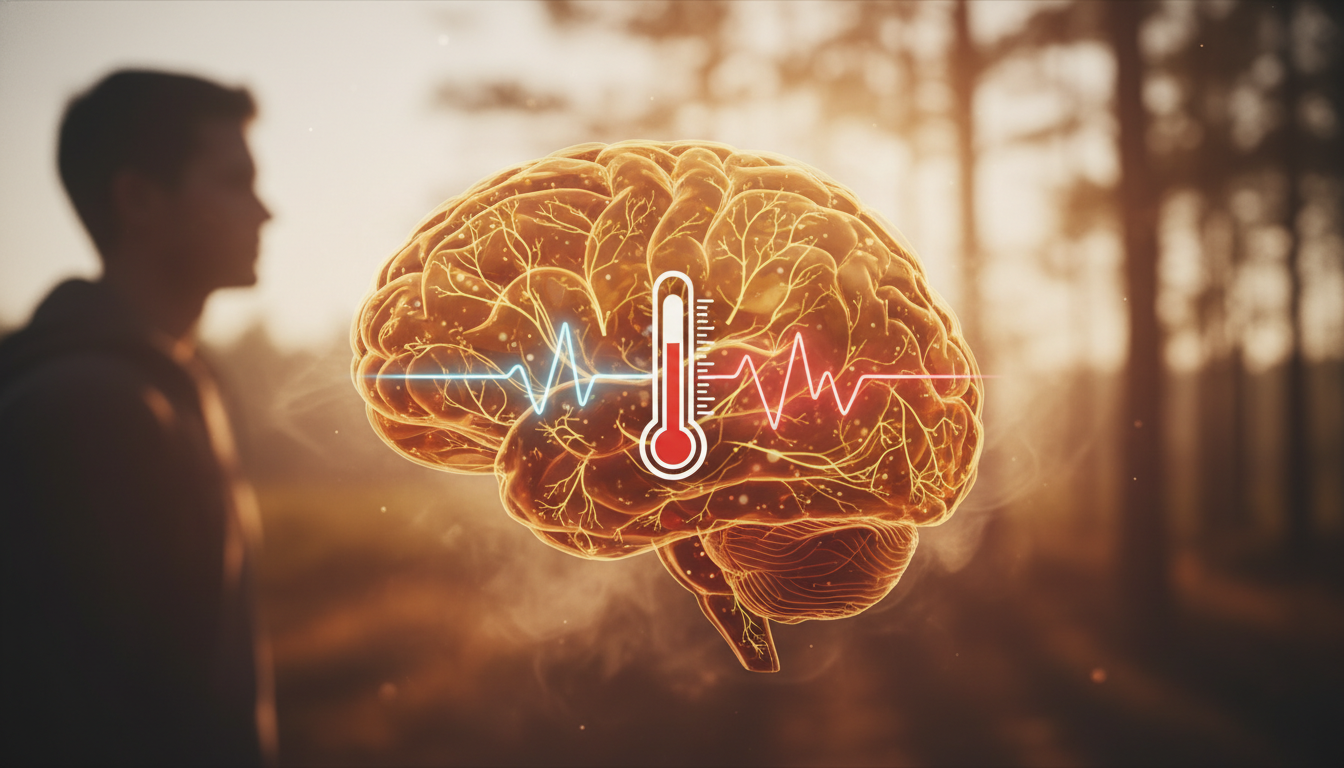 A stylized brain cross-section showing hormonal signals and a thermometer, illustrating how thermoregulation affects perimenopause sleep problems.