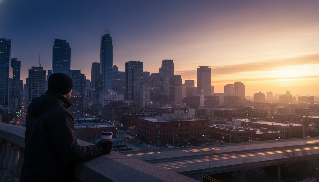 A person stands overlooking a city skyline transitioning from night to dawn, representing the struggle with social jet lag and inconsistent weekend sleep schedules impacting health and metabolism.