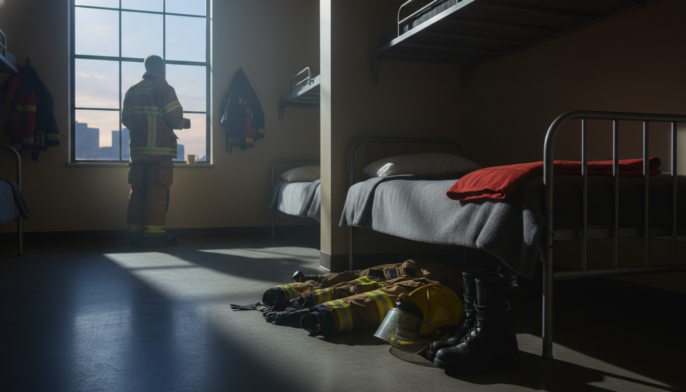 A dimly lit fire station bunk room at dawn with a firefighter's gear, illustrating the challenge of rapid rest for first responders.