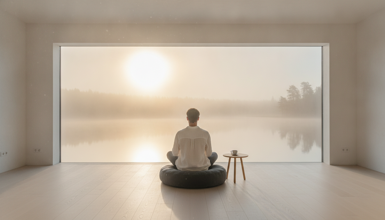 A lone figure in a sun-drenched room looking at a misty lake, embodying non-sleep deep rest and mental clarity.