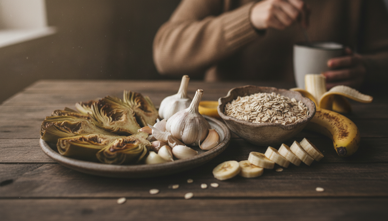 A selection of prebiotic-rich foods including artichokes, garlic, oats, and bananas, illustrating dietary choices for improving gut health and combating chronic insomnia.