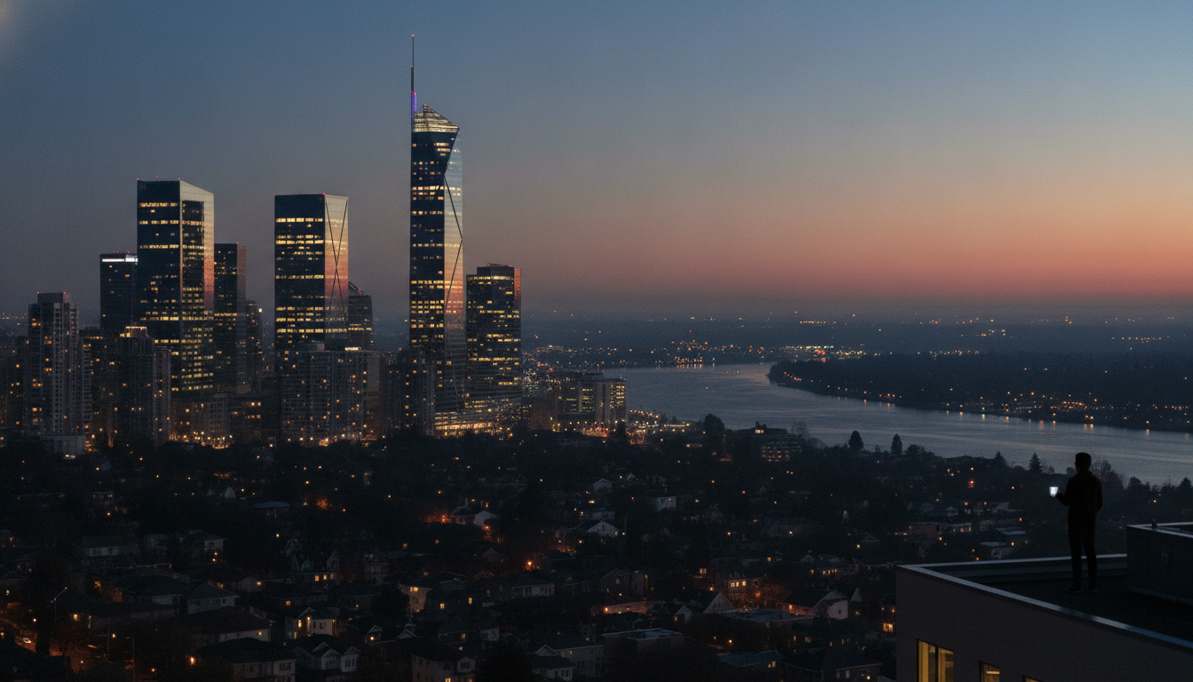 City skyline transitioning from night to dawn, with office lights and residential areas, evoking Sunday night insomnia and work anxiety.