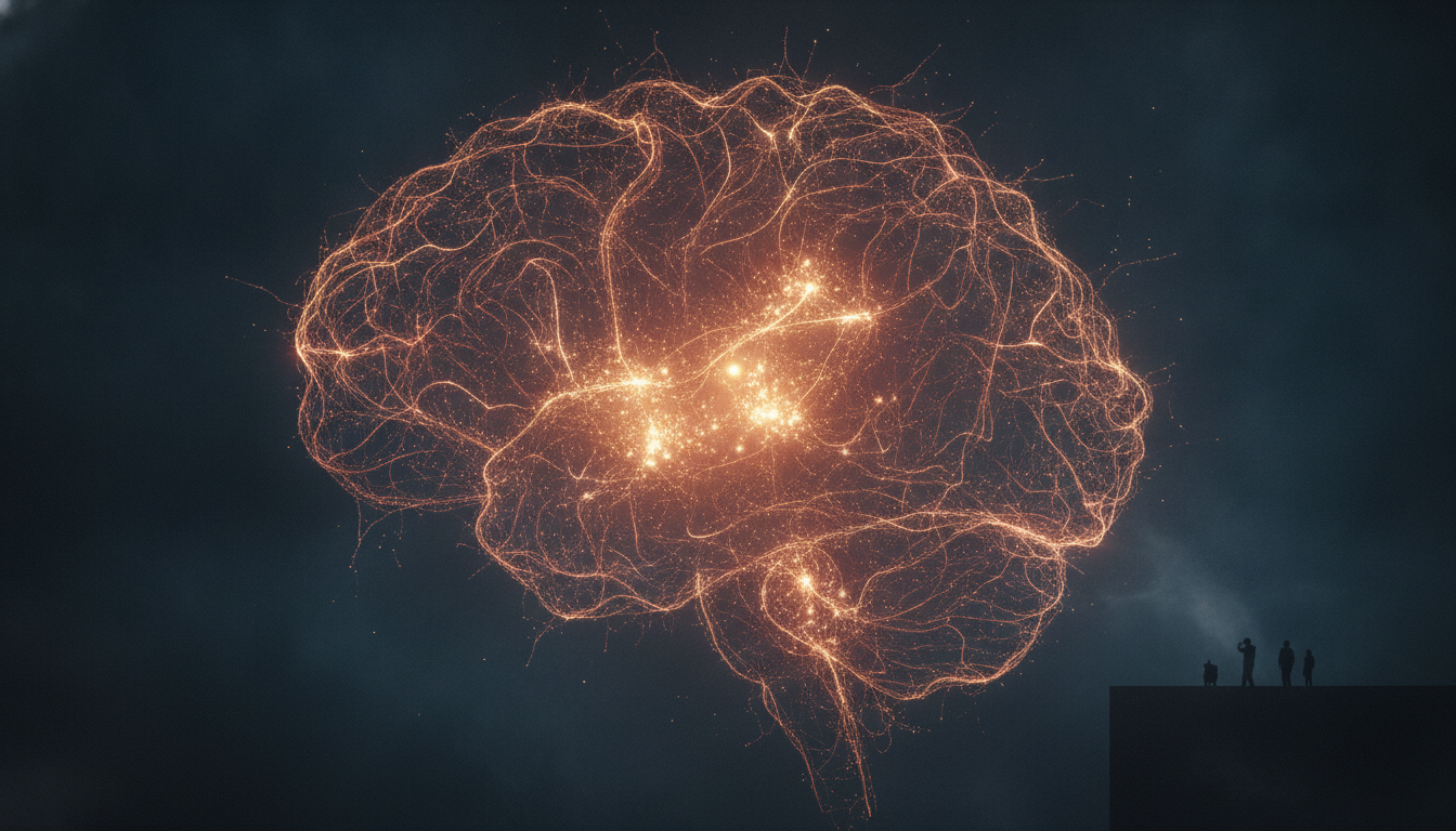 Stylized brain mapping with active neural pathways, representing the neuroscience of anticipatory anxiety and its effect on Sunday night sleep.