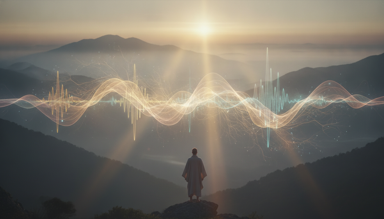 Abstract representation of sound waves transforming into delta brainwaves, illustrating active guidance for deep sleep.