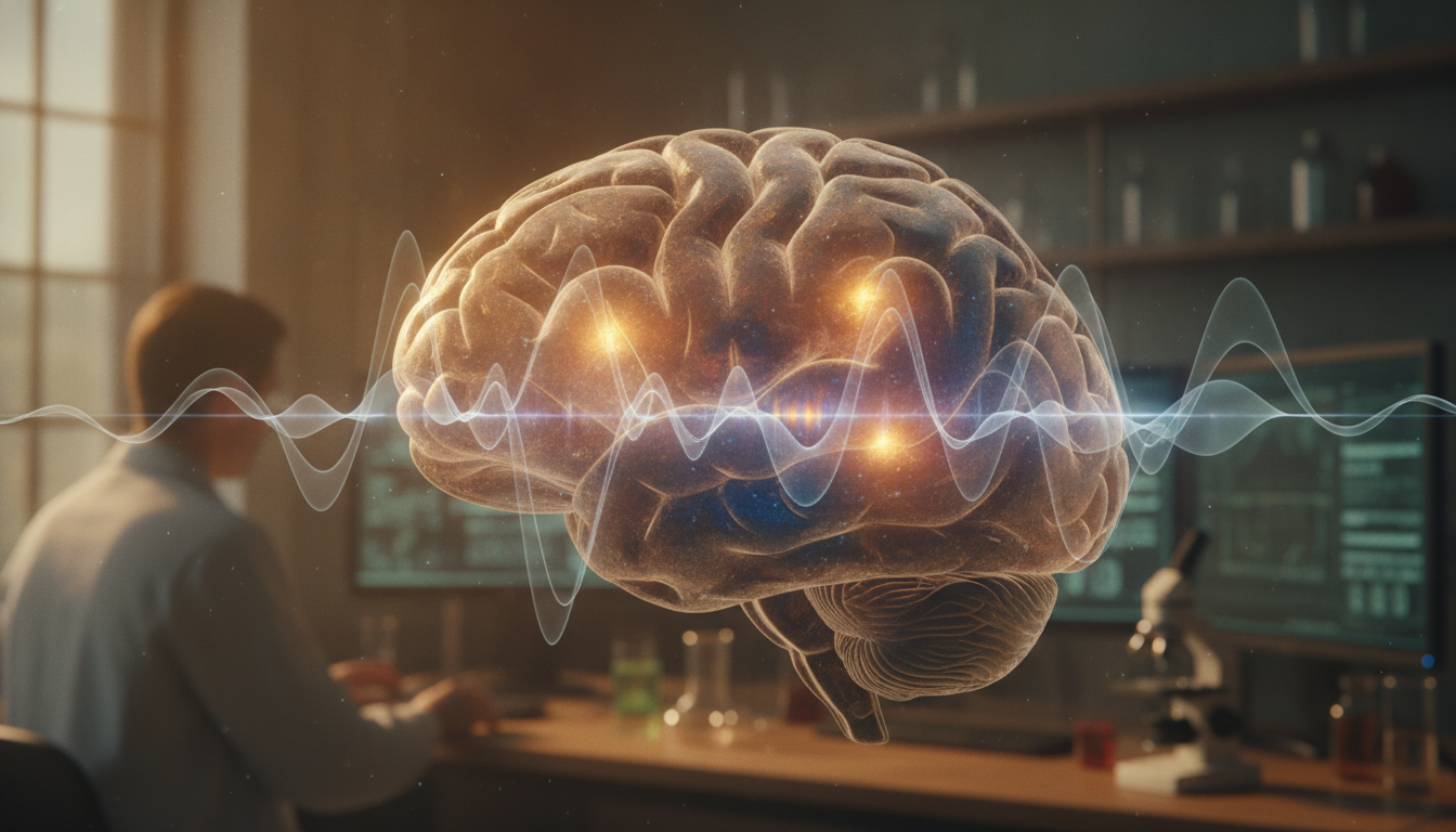 Stylized image of brain activity with delta waves highlighted, showing the effect of therapeutic sound frequencies on deep sleep.