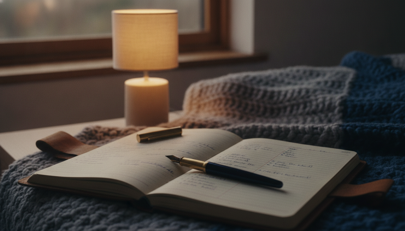 A personal notebook with 'brain dump' notes, a pen, and a weighted blanket, representing counter-intuitive strategies for quieting ADHD racing thoughts before sleep.