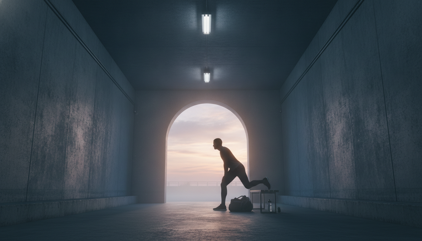 An athlete stretching alone in a dim locker room before dawn, preparing for competition after a night of poor sleep to optimize recovery and performance.