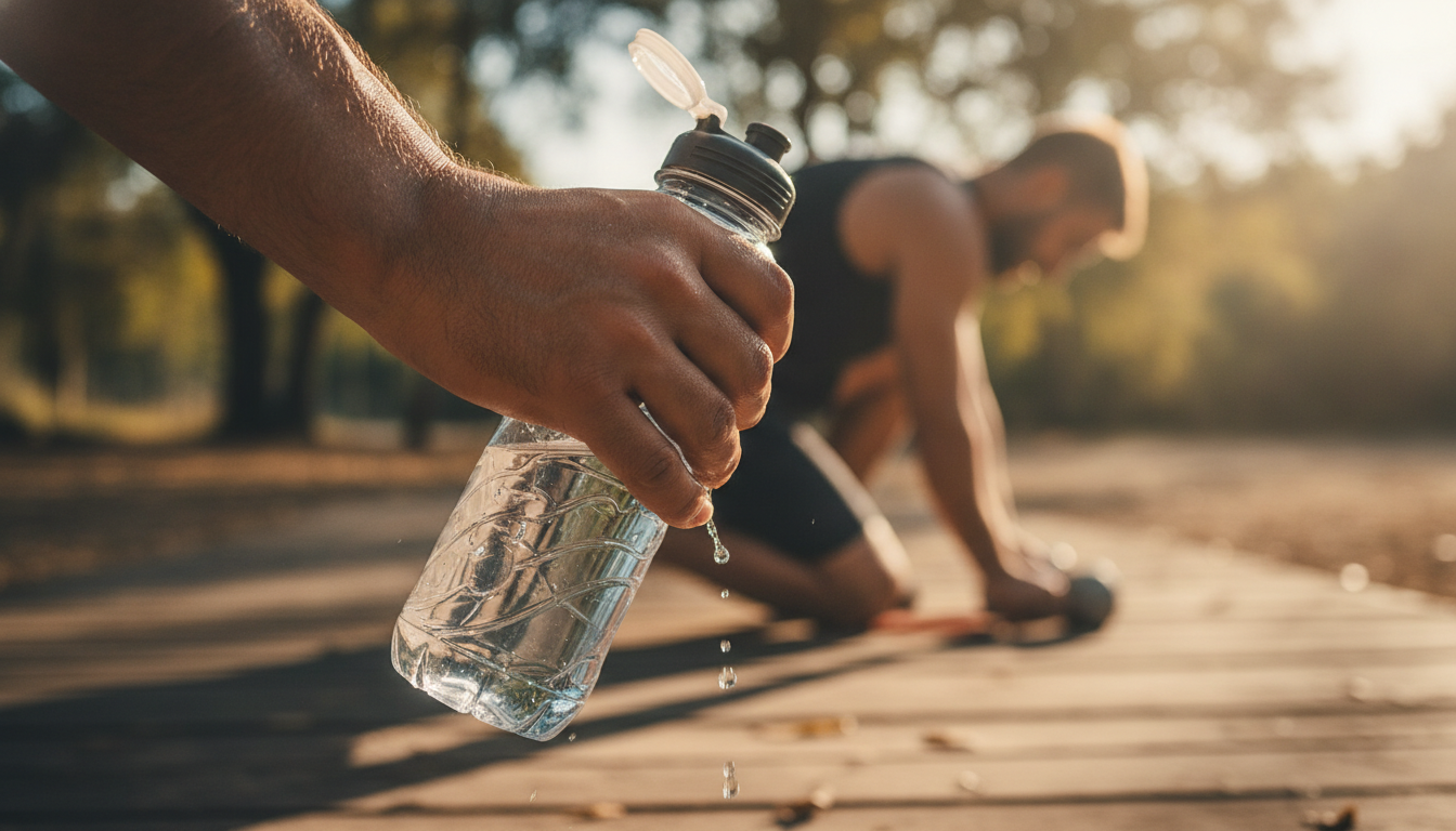 Close-up of an athlete's hand gripping a water bottle, sweat visible, symbolizing immediate hydration and tactical adjustments to workout intensity after poor sleep.
