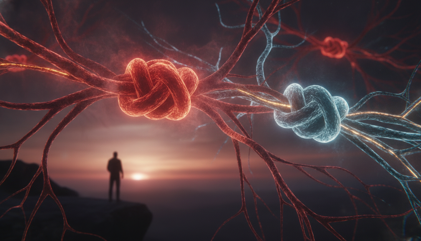 Stylized neural pathways showing tangled pain signals and clear, calm sleep signals, representing breaking the chronic pain-insomnia cycle.
