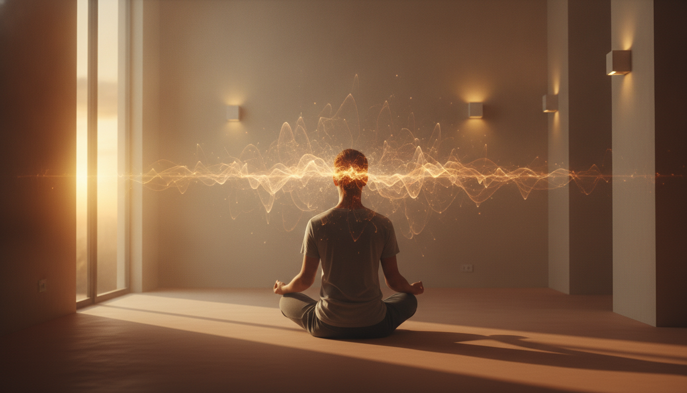 Silhouette of a person in a calm, meditative pose with soft light patterns, symbolizing mindfulness for chronic pain and sleep.