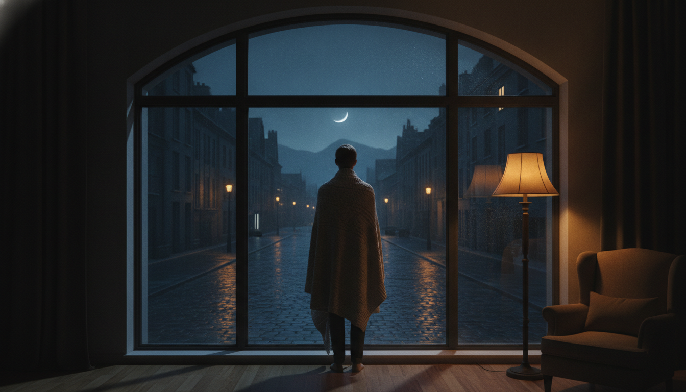 A person standing by a window late at night, observing a quiet, dark city street, symbolizing the internal struggle of sleep anxiety and wakefulness.