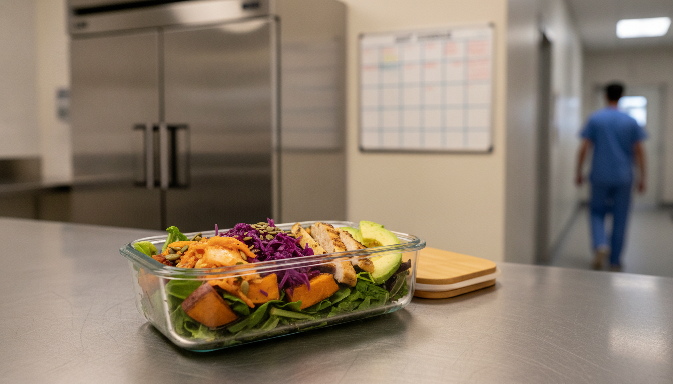 Healthy, gut-friendly meal in a container on a break room counter, illustrating practical dietary strategies for night shift gut health.