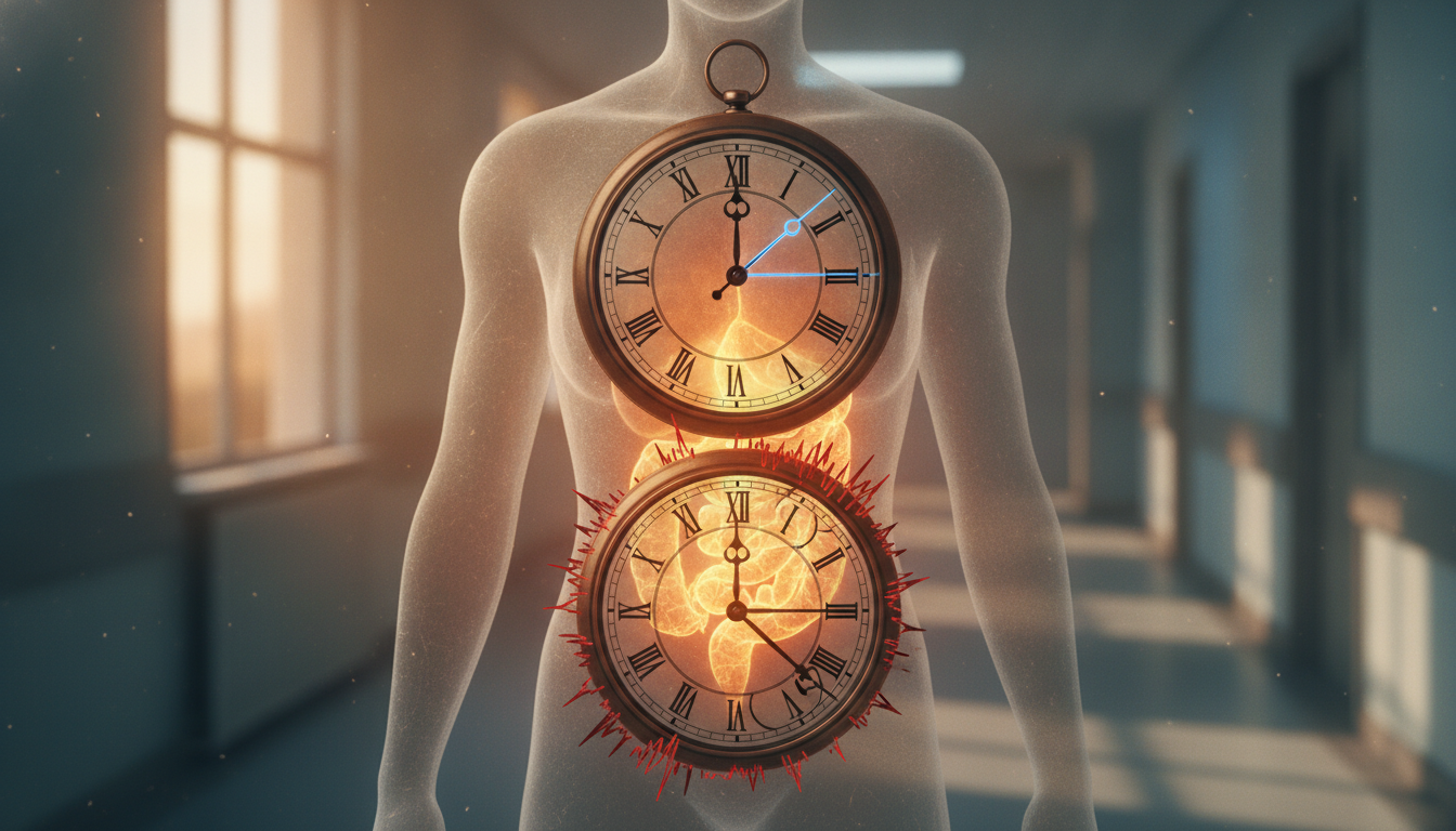 Abstract illustration of a human torso with two misaligned clock faces, symbolizing the brain's and gut's different circadian rhythms in night shift workers and its impact on digestion.