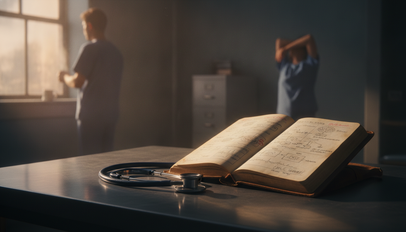 A detailed close-up of a well-worn field manual titled 'Calm Protocols' next to a medic's stethoscope, symbolizing the practical, evidence-based approach to managing anxiety and improving sleep with L-theanine, GABA, and Ashwagandha.