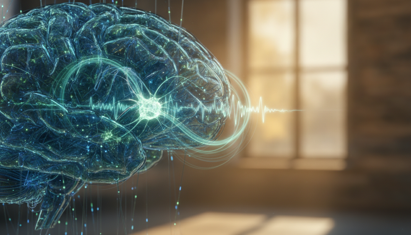 An artistic representation of brain activity showing calm alpha waves, illustrating the mechanism by which L-theanine, GABA, and Ashwagandha can reduce anxiety and improve sleep.