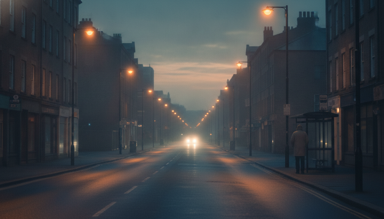 A deserted city street at 4 AM, streetlights casting long shadows, symbolizing the relentless early hours of new parent sleep deprivation and the search for fragmented sleep strategies.
