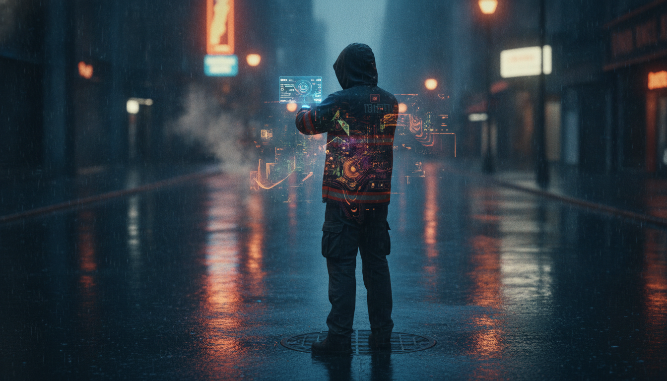 A lone EMT in a reflective vest views a complex sleep tracker screen on their smartwatch on a rainy urban street at 3 AM, symbolizing the challenge of decoding sleep data for shift workers.