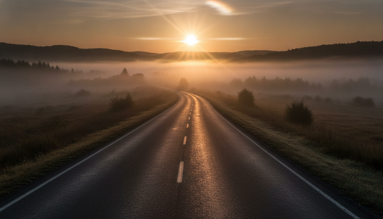 Misty road at sunrise, symbolizing the challenging journey through post-viral sleep disturbances and the hope for restorative rest.