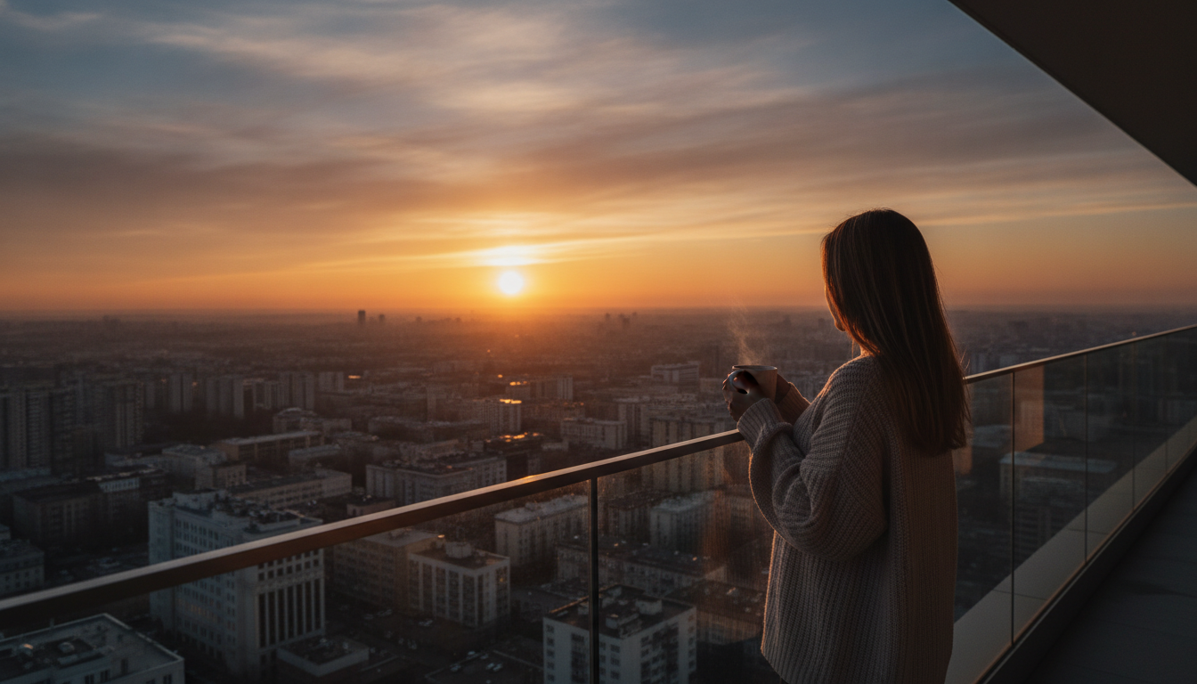 A person silhouetted on a balcony at sunrise over a city, holding a mug, symbolizing overcoming morning brain fog and sleep inertia.