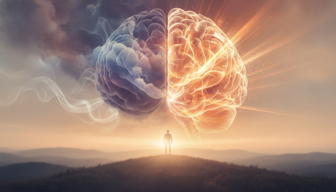 An abstract illustration depicting the transition from cloudy, groggy brain activity to clear, focused wakefulness, illustrating sleep inertia mechanisms.