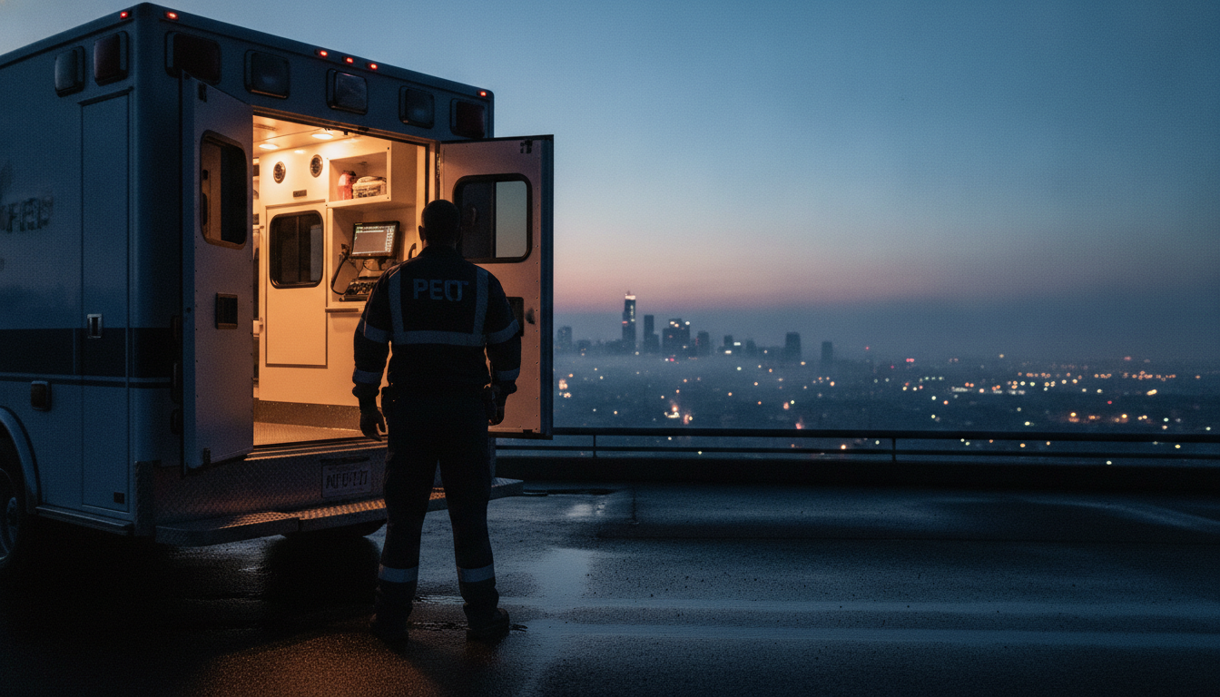 An EMT stands by an ambulance at predawn, city lights fading, contemplating the start of a new shift and their chronotype.