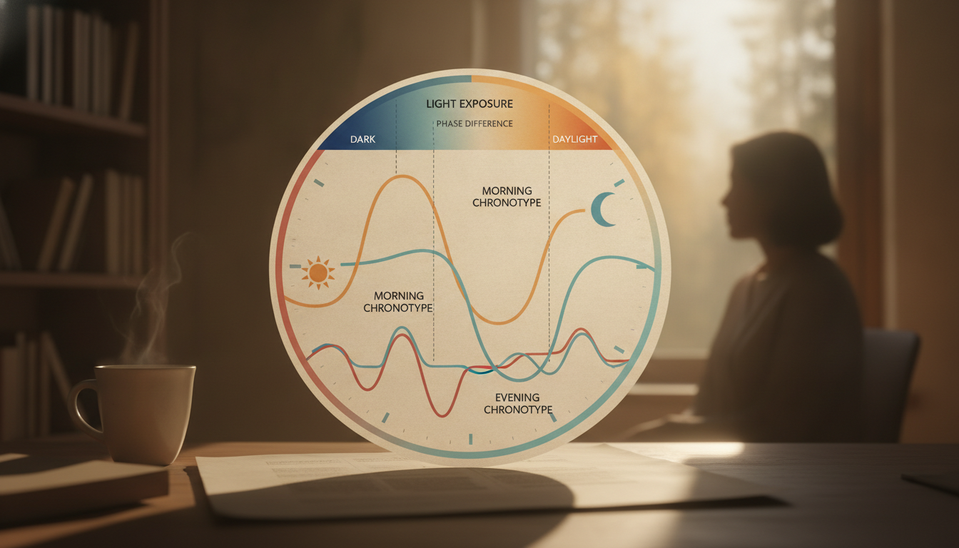 Diagram illustrating the phase differences in melatonin and body temperature rhythms between morning and evening chronotypes.