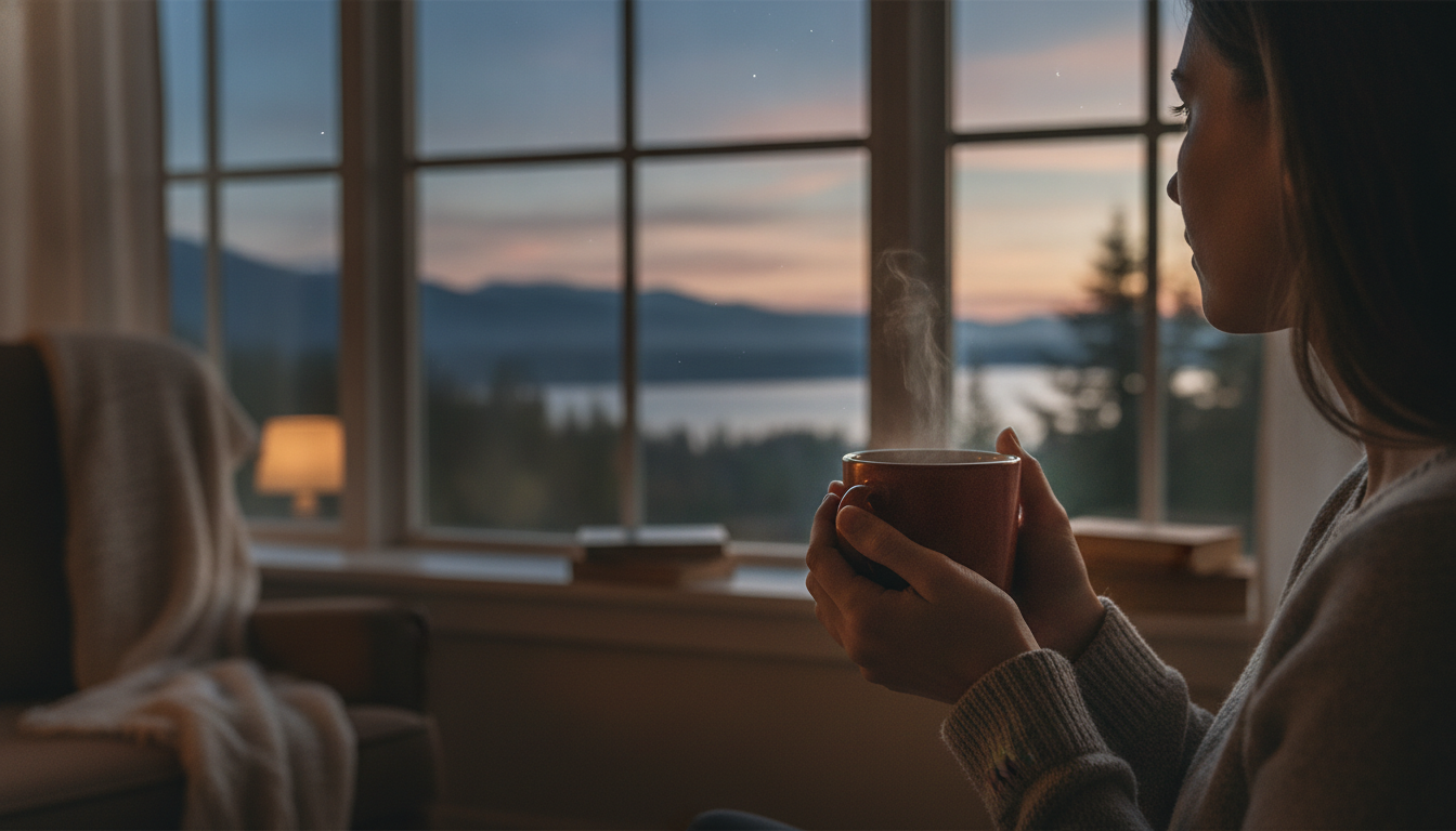 A woman's hands holding a warm mug, looking out a window at the subtle shift from night to dawn, reflecting perimenopause sleep disruption.