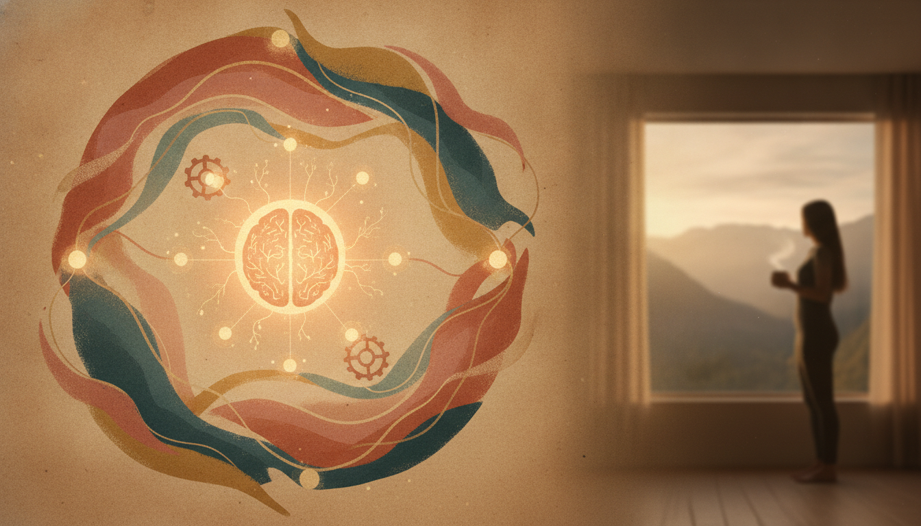 An abstract illustration showing interconnected hormonal waves (estrogen, progesterone, FSH) affecting brain sleep centers during perimenopause.
